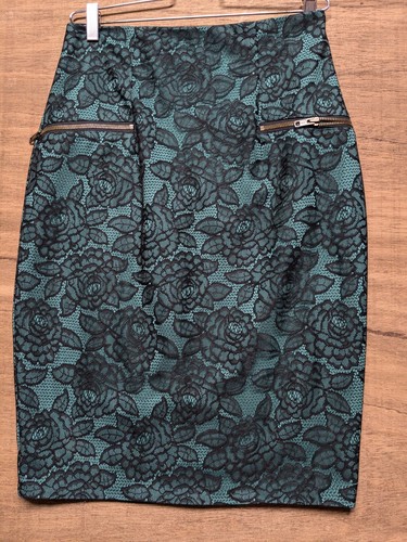 Liebling Wmns Gr. M Bleistiftrock grün schwarz Spitze gold Reißverschluss Taschen gefüttert - Bild 1 von 9