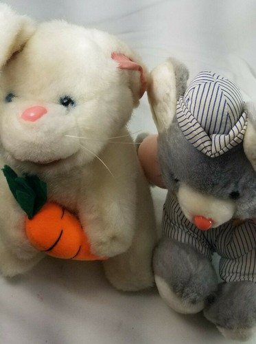2 PLUSH Stuffed Animals 8 in BUNNY w Carrot & MOUSE in Train Conducter Outfit - Picture 2 of 9
