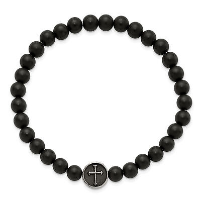 Chisel Stainless Steel Antiqued and Polished Cross 7mm Black Agate Beaded Stretch Bracelet Chisel Stainless Steel Antiqued and Polished Cross 7mm Black Agate Beaded Stretch Bracelet