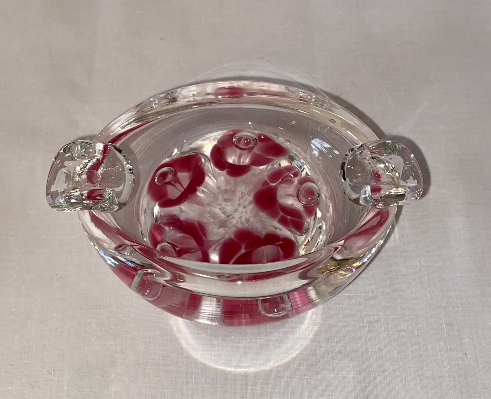 Vintage Joe St Clair Art Glass Paperweight Ashtray Signed Pink Flower