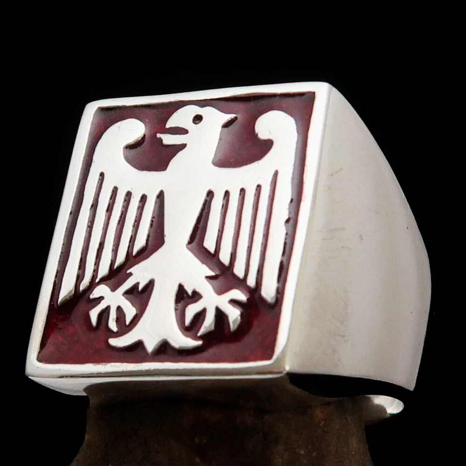 MENS STERLING SILVER BIKER SEAL RING GERMAN EAGLE COAT OF ARMS RED - SIZE 9 - Image 4 of 4