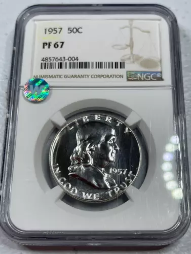 1957  Franklin US Half Dollar,   PF67 by NGC,   SIGHT WHITE,   EXQUISITE coin!!!