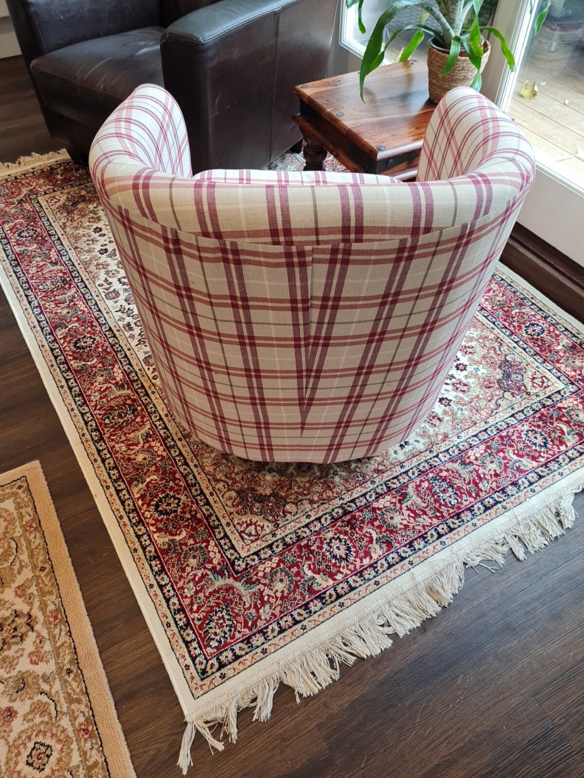 Used Dunelm Tub Chair Good Condition Red And White/beige Tartan Fabric