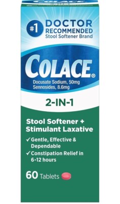 Colace Docusate Sodium 2 in 1 Stool Softener Stimulant Laxative 60 Tabs 12/2027