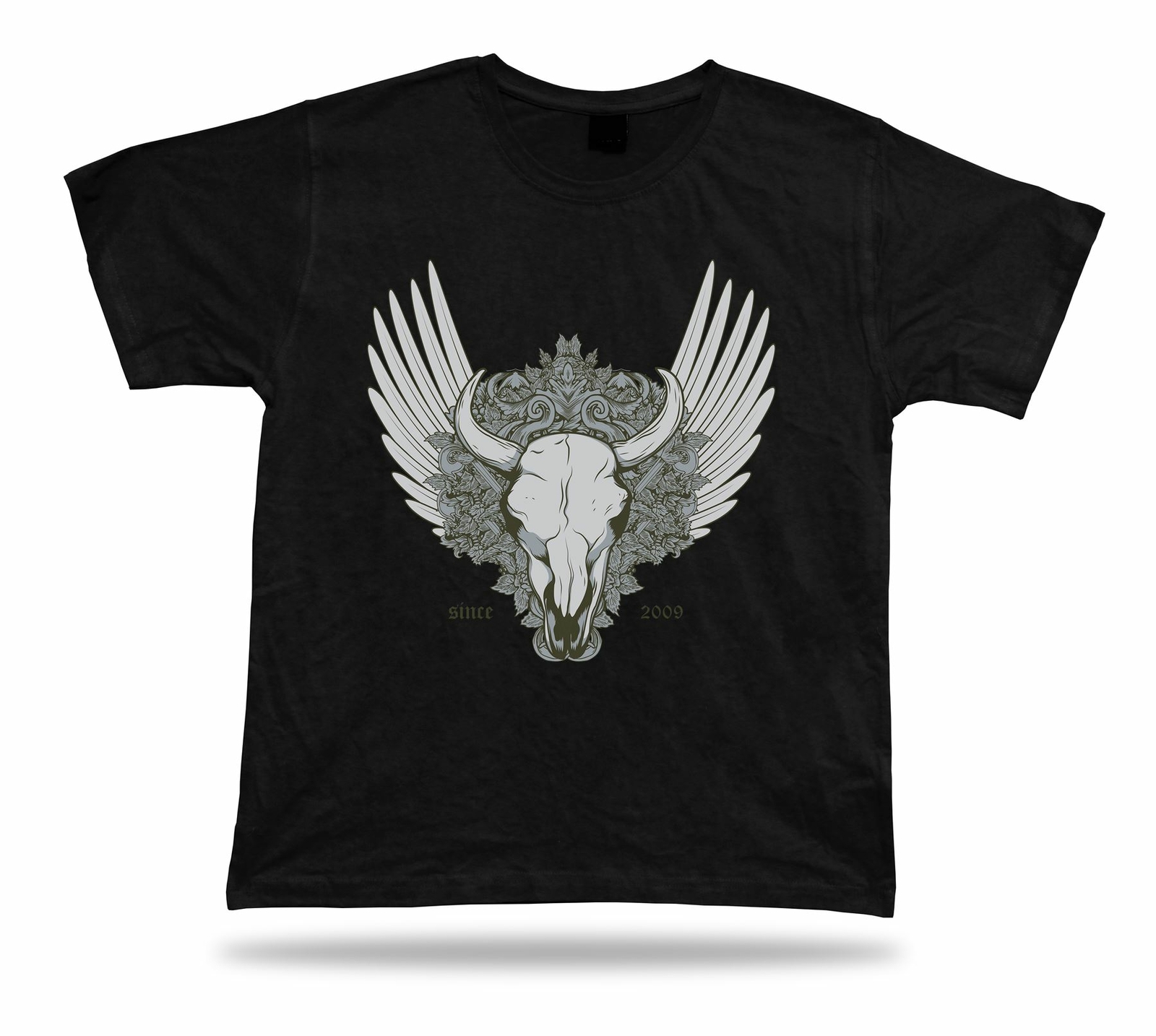 Skeleton Bull Skull with Wings and Floral Design Modern T-Shirt Gift Apparel Since 2009  
