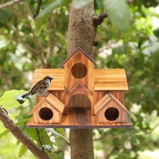 Bird House Wooden Hanging Bird Cage 6 Hole Handmade Natural Bird House VN