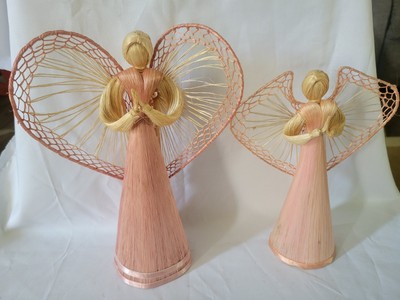 2 Vintage Wicker Style Angel Statue Figurines 10'' & 8''  Decor Corn Husk Silk