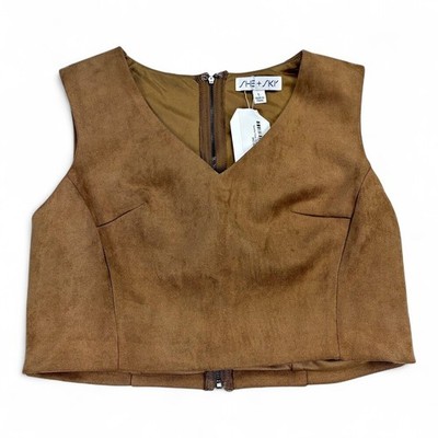 She + Sky Faux Suede Cropped V-Neck Top Size L Back Zipper