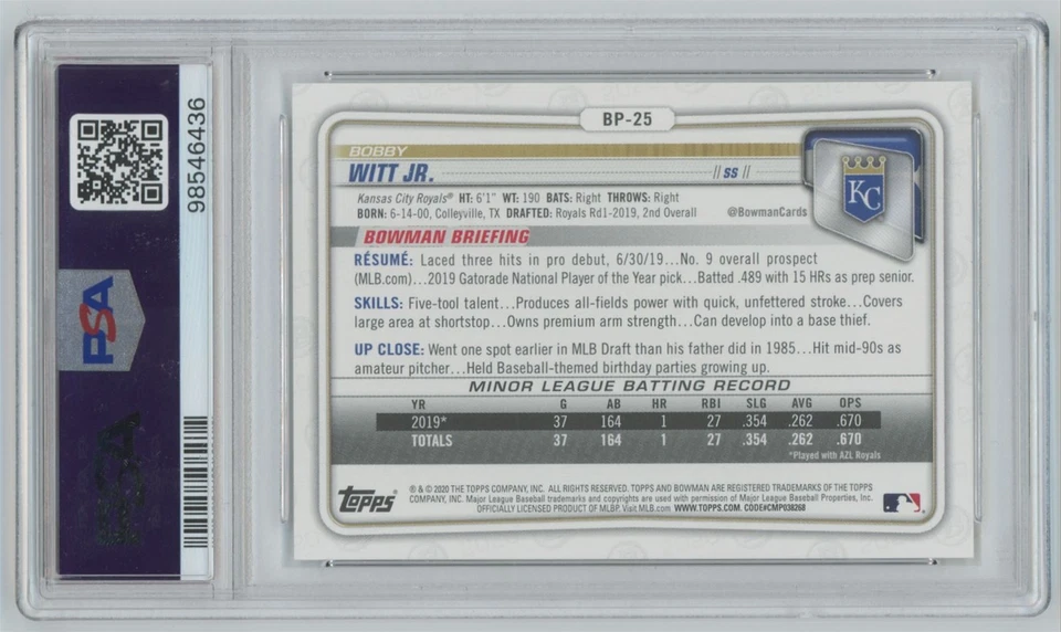 2020 Bowman Paper Prospects Bobby Witt Jr. Rookie Kansas City Royals #BP-25 - Image 2 of 2