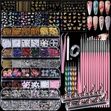 4 Boxes Nail Charms and Gems Set, Nail Rhinestones Nail Kit with Nail Art Bru...