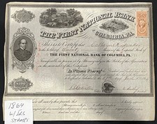 1864 FIRST NATIONAL BANK COLUMBIA, PA STOCK CERTIFICATE W/CIVIL WAR  I R S STAMP