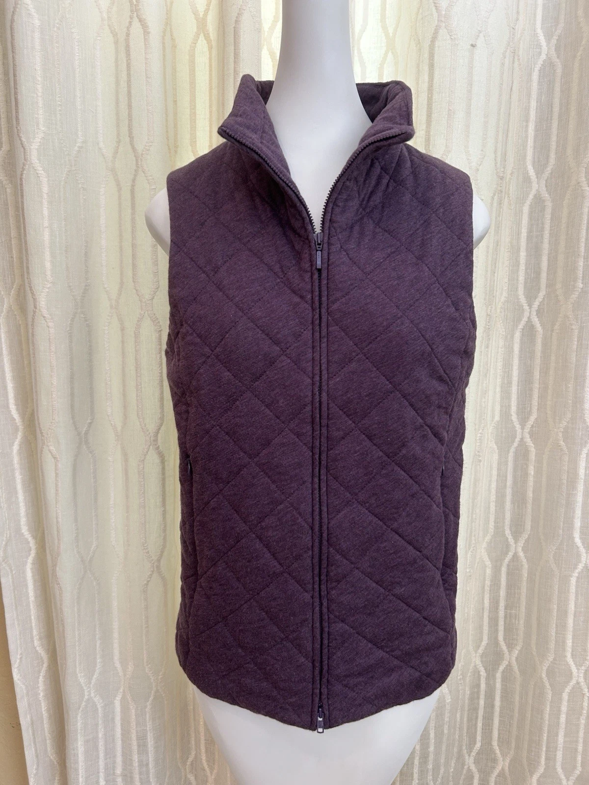 EILEEN FISHER Women’s Zipper Vest Quilted Diamond - Zip Pockets Purple - Size S