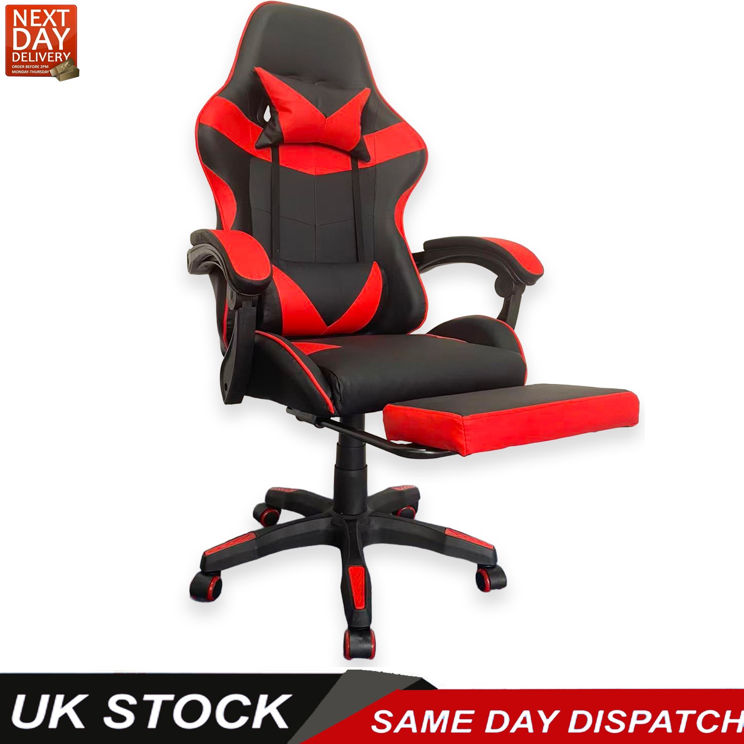 Chair Gaming Office PU Leather Massage Sport Racing Lumbar Headrest Footrest