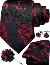 Red Black Tie Set for Men Silk Paisley Necktie Pocket Square Cufflinks and La...