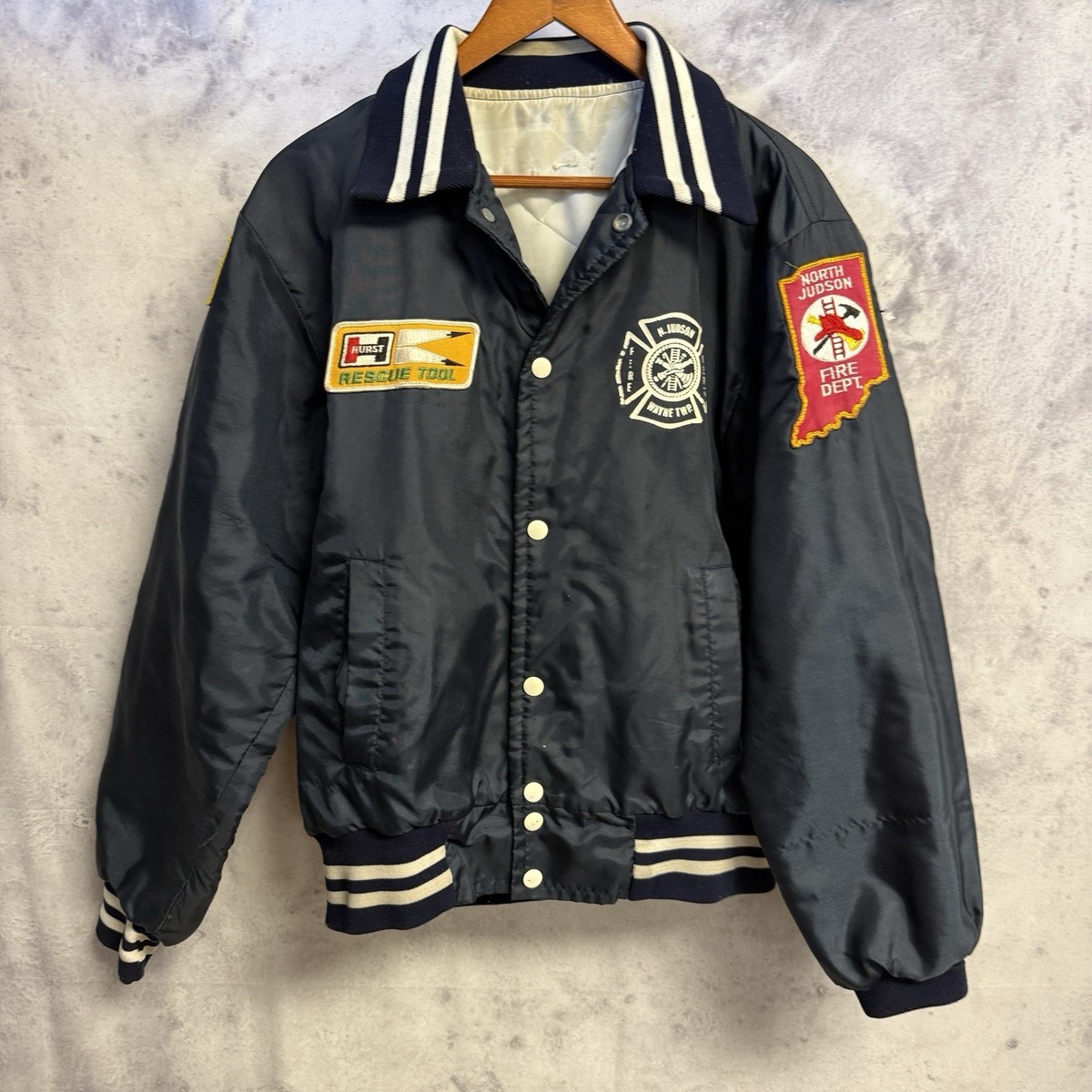 Vintage Fire Station Bomber Jacket Mens Blue Insulated North Judson View 2