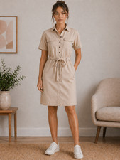 Banana Republic Shirt Dress Women's XS Beige Belted Knee Length Button