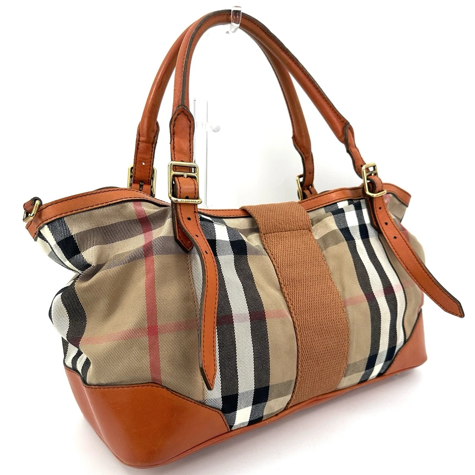 BURBERRY 2way Tote Bag Shoulder Bag Brown Leather Buckle Check  Canvas Authentic - Image 3 of 4
