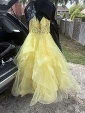 Yellow Strapless Lace Bodice Layered Ruffle Tulle Prom Evening Gown Dress