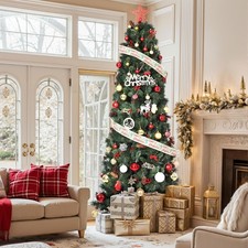 7ft Christmas Tree Pre-Lit Artificial PVC Branch Tips Pine Cones  Red Berries