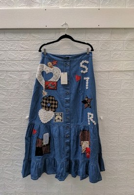 New SPELL Bombshell Patchwork Skirt Chambray Sz L