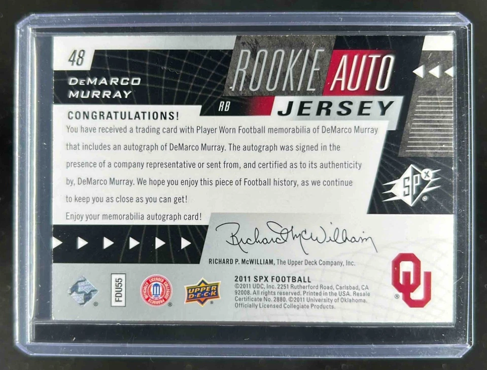 2011 SP Authentic DeMarco Murray SPx Jersey Rookie RC Auto #/225 Sooners - Image 2 of 2