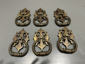 VTG Chunky Large Aged Brass Cabinet Drawer Pull Handle Lot Set of 6