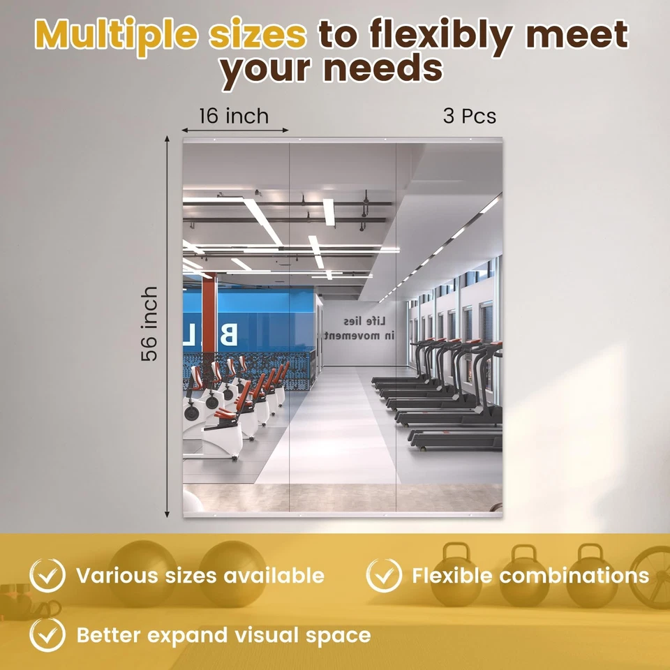 Home Gym Mirror, 56"x16"-3 PCS Gym Mirrors for Wall, Frameless, Tempered Glas... - Image 3 of 4