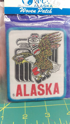 Vintage Alaska Woven cloth iron on patch Tribal Eagle & Bald Eagle design NOS