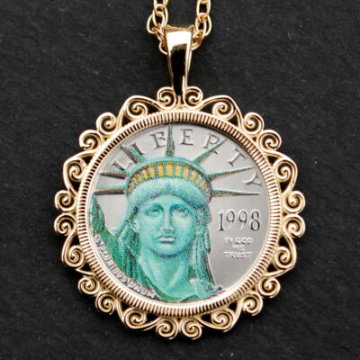 1998 1/10 oz Platinum American Eagle Colorized Coin 14K Gold Necklace  NEW - Main Image