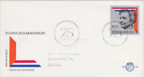 FDC Netherlands, 1973. 25th Anniversary of the Reign of Queen Juliana.