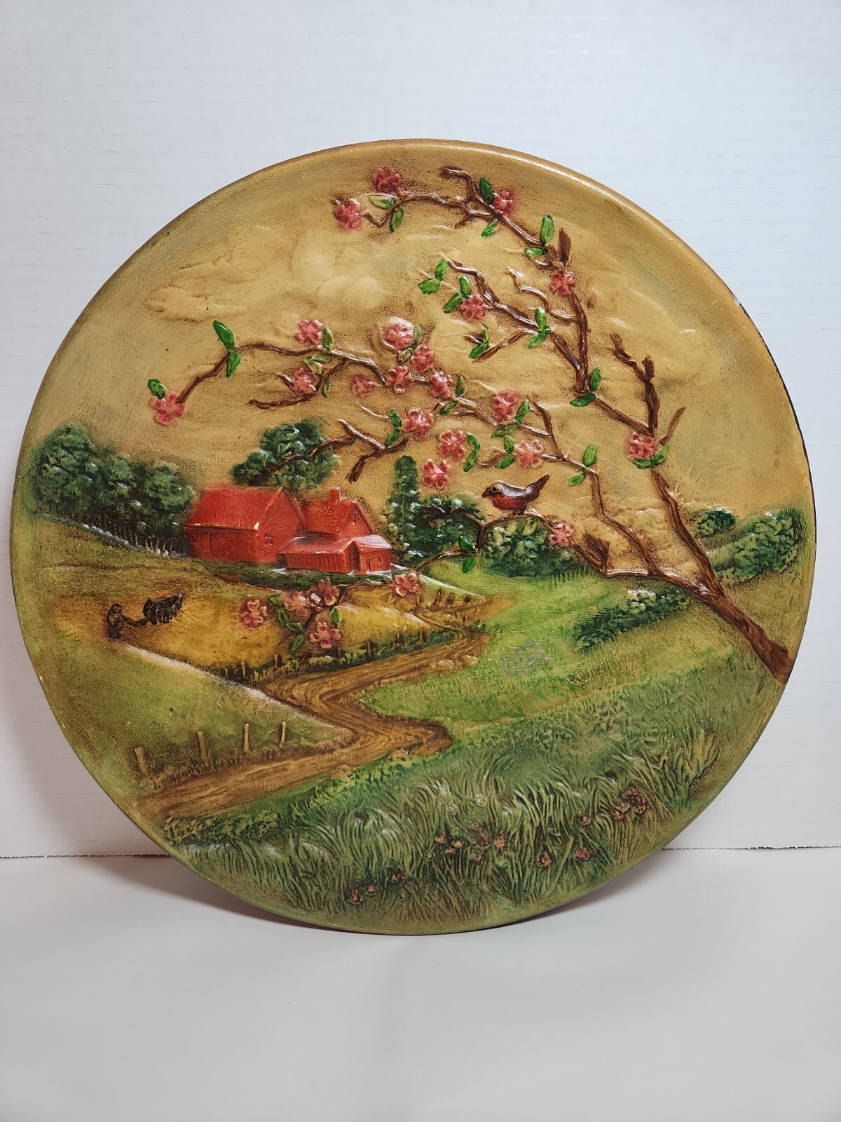 Vtg 1972 Byron Molds Country Farmhouse Spring Scene Ceramic Plate Wall Hanger