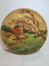 Vtg 1972 Byron Molds Country Farmhouse Spring Scene Ceramic Plate Wall Hanger
