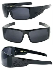 Locs Mens Cholo Biker Wrap Around Sunglasses - Shiny Black (Black Logo)