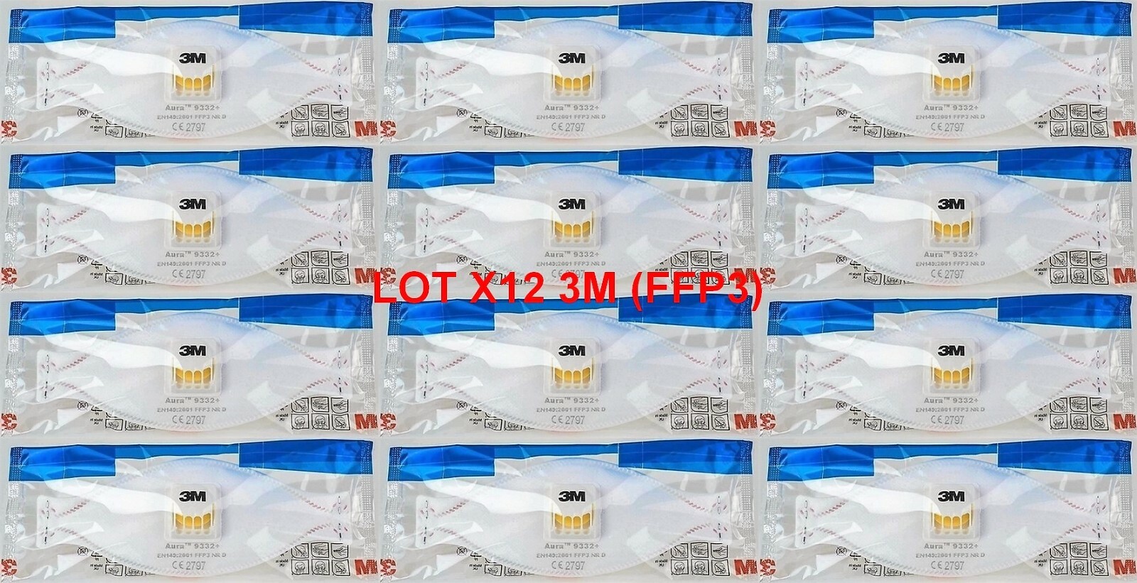 Masque de protection FFP3 3M Aura 9332+ avec valve de filtration jetable Lot de 12