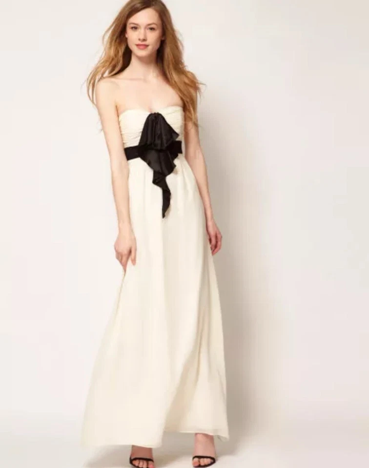 NUEVO TED BAKER LONDON Maxi Vestido Negro Crema Lazo Seda Sin Tirantes Talla 1= 4 XS Foto 2 de 4