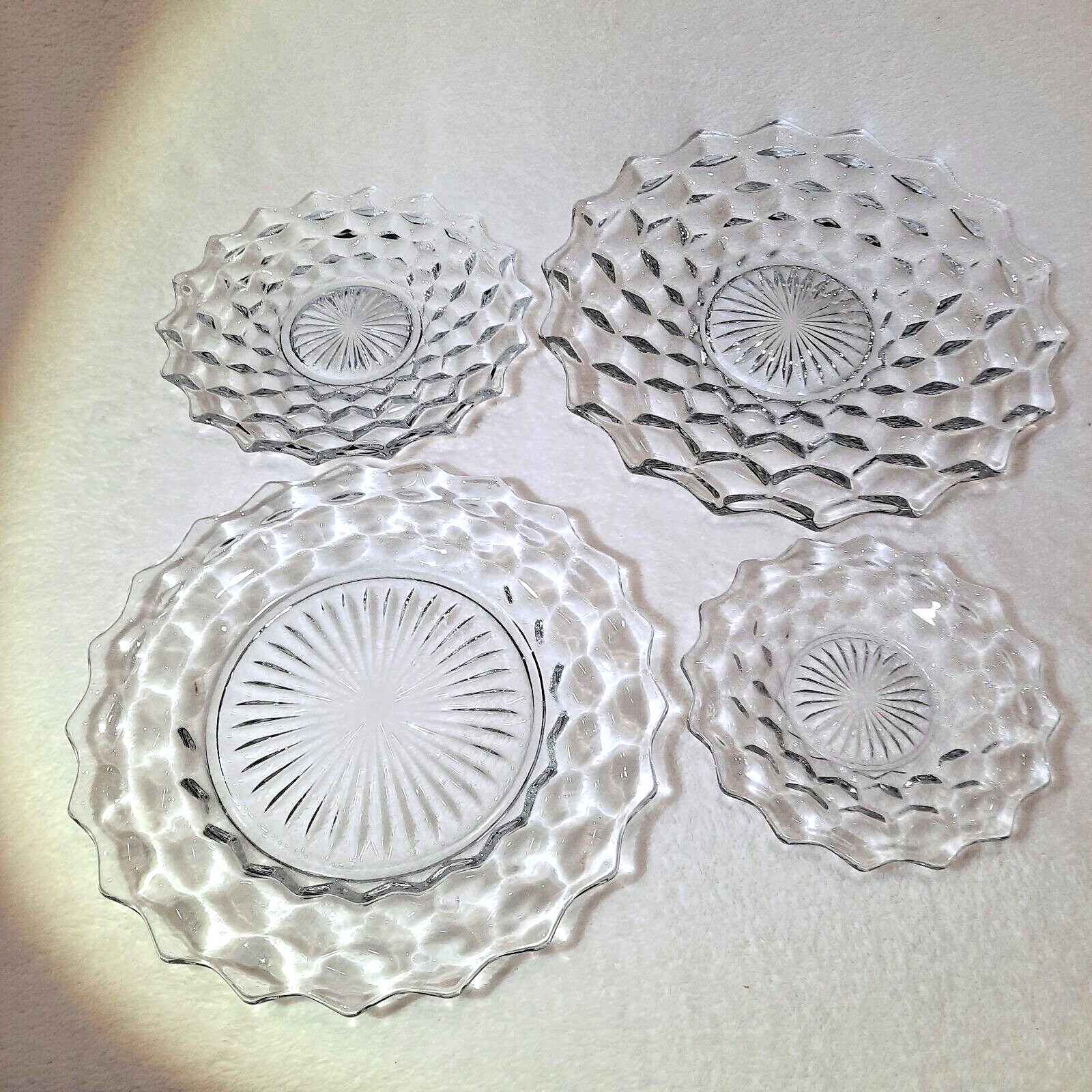 4 Vntg Fostoria American Pattern Clear Dinner, Dessert & Salad Plate Set