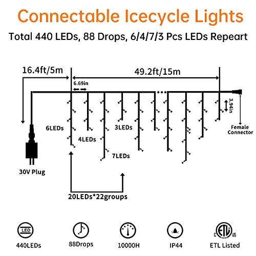 Eiszapfenbeleuchtung Weihnachtsbeleuchtung Außen 49,2 Fuß 440 LED 440LED warmweiß - Bild 3 von 7
