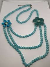 Floral Enamel Acrylic Beaded Faux Pearl Necklace Silver Tone