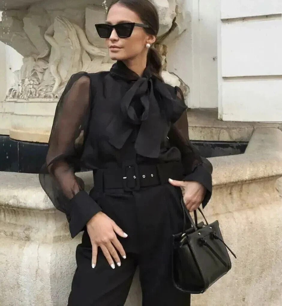 ZARA Semi Sheer Organza Blouse Top Shirt Pussy Bow Button Detail M Black ASO
Opens in a new window o