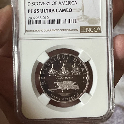 HAITI RARE SILVER 5 GOURDES  COIN 1970 SHIP COLUMBUS NGC PR65 ultra cameo toned