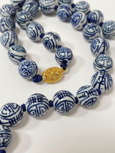 VINTAGE CHINESE EXPORT BLUE & WHITE PORCELAIN ORIENTAL BEADS NECKLACE LONGEVITY - Picture 9 of 11