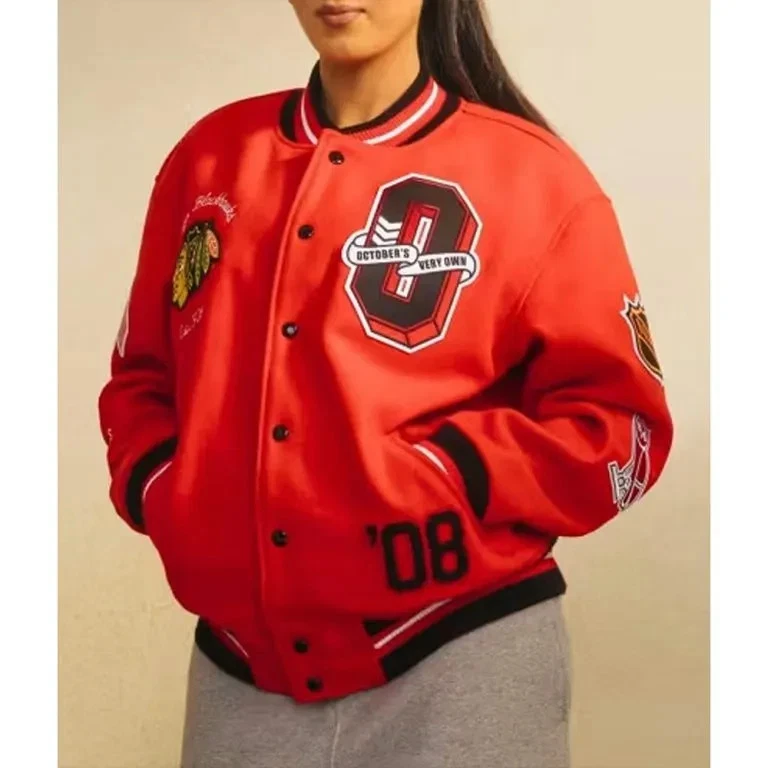 Chicago Blackhawks The Original Six Varsity Red Wool Letterman Unisex Jacket