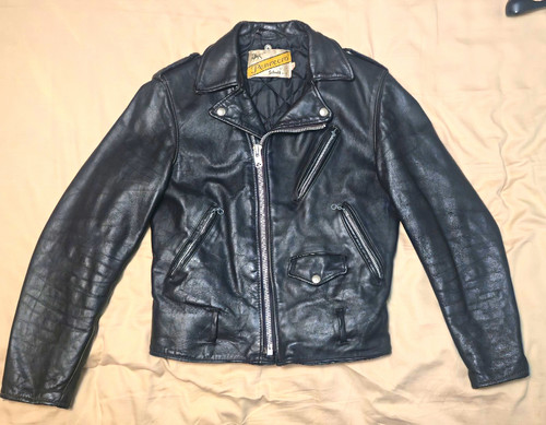 Vintage Schott Perfecto, Late 70s Bull Label 618/ 118, Black Motorcycle Jacket.