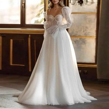 Puffy Sleeve A Line Wedding Dress Off Shoulder Boho Glitter Tulle Bridal Gowns