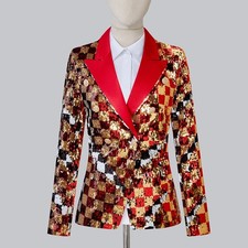 Womens Sequin Blazer Coat Shiny Double-breasted Suit Jacket Stage Lapel Costume