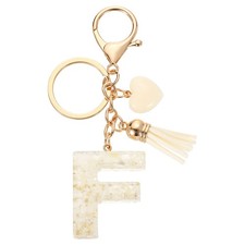 Initial Letter Keychains, Resin Cute Pendant with Heart Tassel, White-F