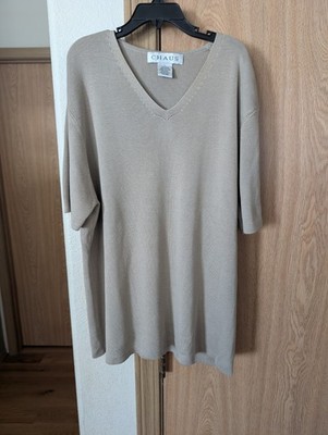 Woman's Chaus Short Sleeves V-Neck Ribbed Pullover Top Solid Taupe Silk/Rayon L