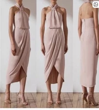 Shona Joy Halter Midi Dress Sz 4 Blush Ballet Cocktail Feminine Tulip Hem 5J2581
