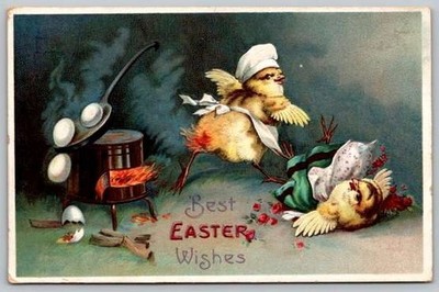 Best Easter Wishes Anthropomorhic Kitchen Fire, Tail on Fire Postcard No 2014