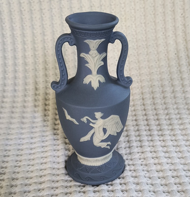 Greek Style Blue & White Ceramic Amphora Vase, Relief Greek Key Bird, Handles